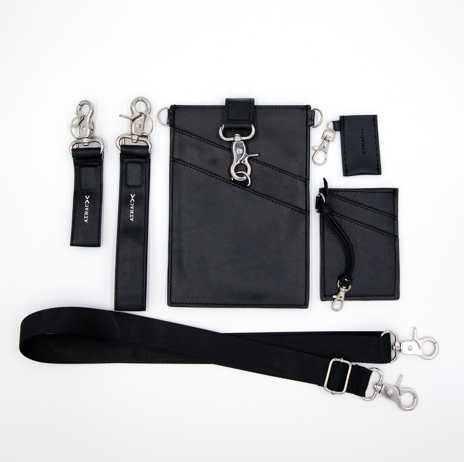 Deluxe Set by LaVieatrac | Black, Vegan Leather Wristlet, adjustable Crossbody strap, phone pouch, wallet and lip balm holder.