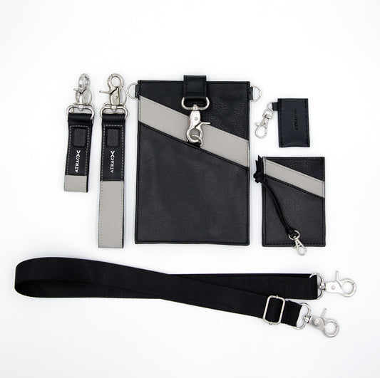 Deluxe Set by LaVieatrac | Black and Gray Vegan Leather Wristlet, adjustable Crossbody strap, phone pouch, wallet and lip balm holder.